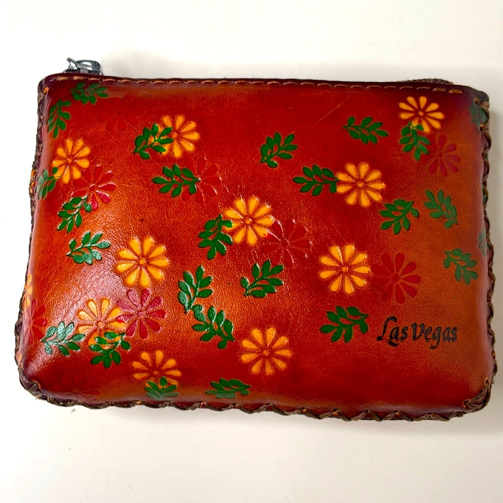 Tooled floral leather and stitched vintage coin purse, Las Vegas